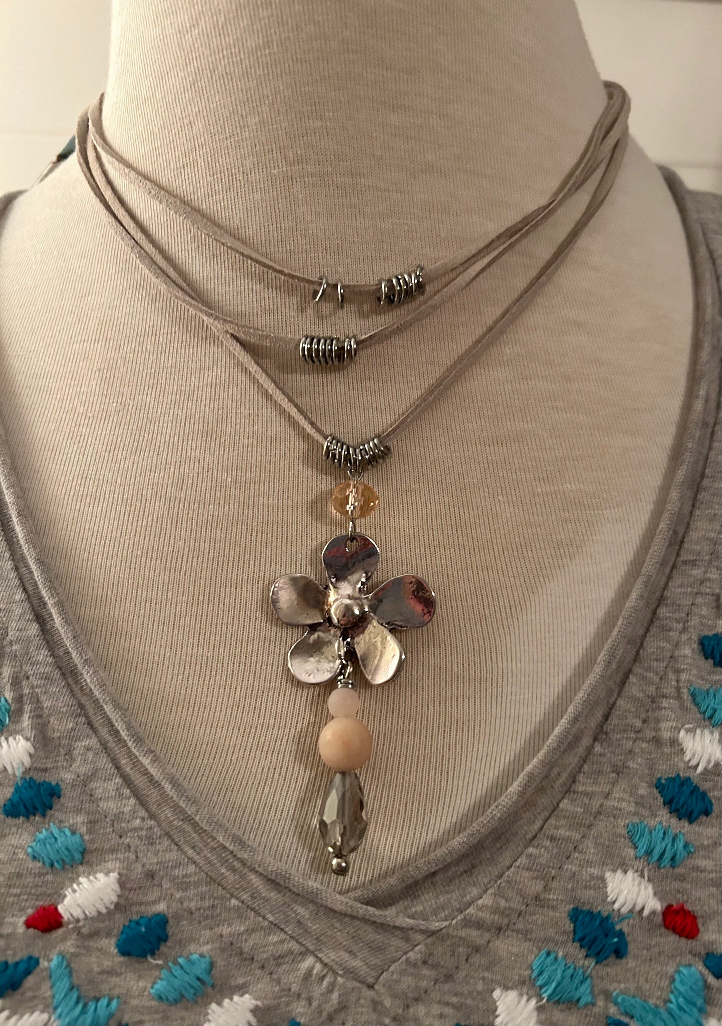 L&F Suede Necklace w/Silver Flower