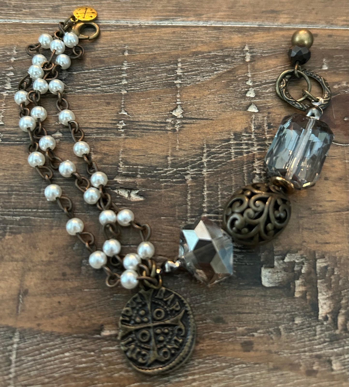 L&F Antique Gold/Pearl Bracelet with Dangle Cross Pendant