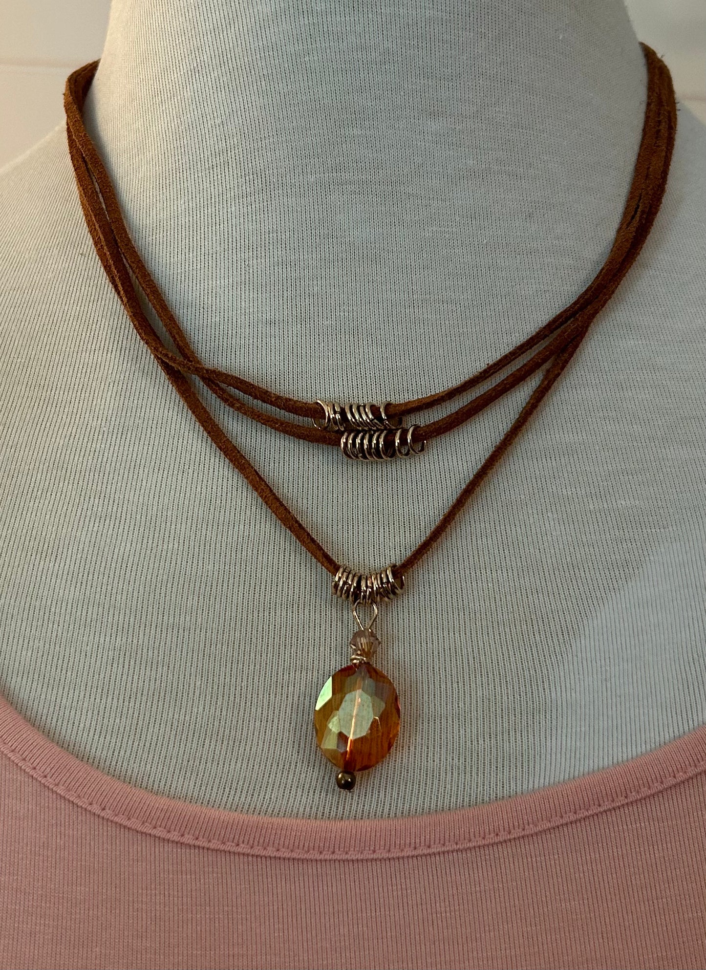 Leather and Peach Crystal Necklace
